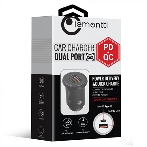 INCARCATOR AUTO PD TYPE C+USB QUICK CHARGE 30W NEGRU-T.VERDE 0.1 LEI/BUC LEMONTTI