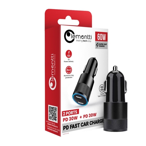 INCARCATOR AUTO SUPER FAST CHARGE 60W NEGRU CU 2 PORTURI PD TYPE-C X 30W LEMONTTI