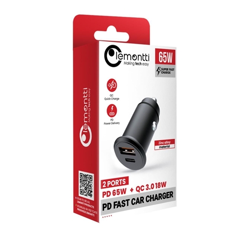 INCARCATOR AUTO SUPER FAST 65W NEGRU CU 2 PORTURI PD TYPE-C 65W SI USB-A QC3.0
