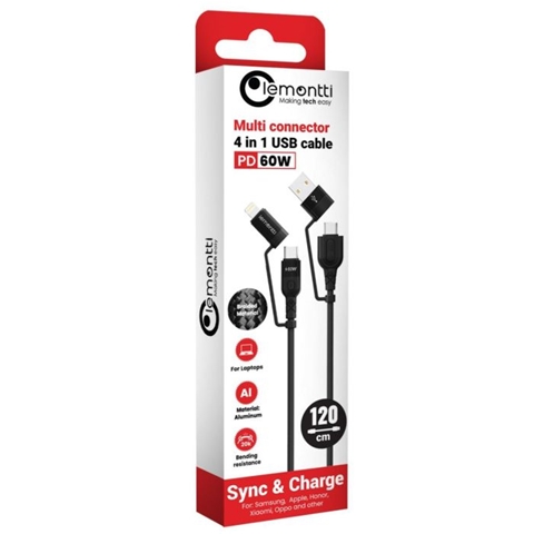 Imagine pentru produsul „CABLU MULTI CONECTOR 4 IN 1 USB-A TYPE-C LA TYPE-C LIGHTNING 60W 1.2M NEGRU LEMONTTI"