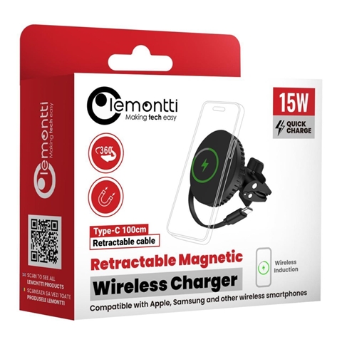Imagine pentru produsul „SUPORT AUTO MAGNETIC CU INCARCARE WIRELESS CABLU RETRACTABIL TYPE-C NEGRU LEMONTTI"