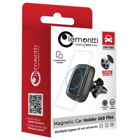 Imagine pentru produsul „SUPORT AUTO MAGNETIC NEGRU 360 FLEX PRINDERE LA VENTILATIE LEMONTTI"