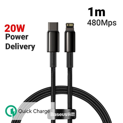 Imagine pentru produsul „CABLU FAST CHARGHING TYPE-C LA LIGHTNING NEGRU 1M IMPLETITURA NYLON BASEUS"