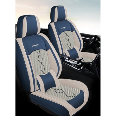 HUSE SCAUNE AUTO DE LUX PIELE ECOLOGICA PERFORATA SI TEXTILE ALBASTRU-ALB 5 LOCURI