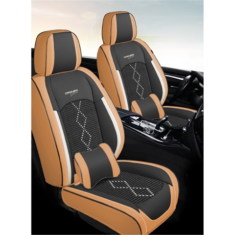 HUSE SCAUNE AUTO DE LUX PIELE ECOLOGICA PERFORATA SI TEXTILE MARO-CARAMEL 5 LOCURI