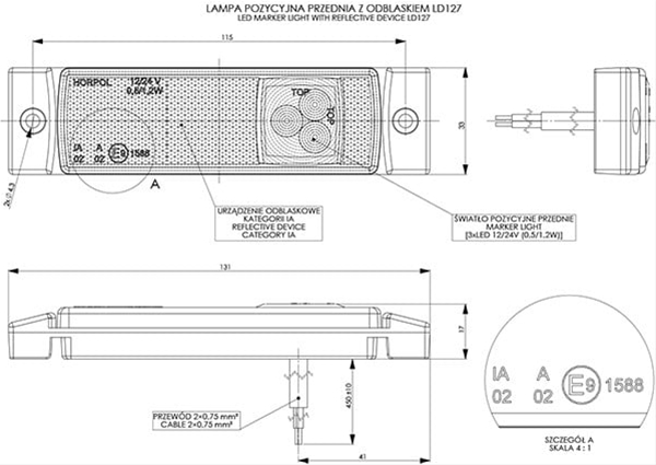 Imagine pentru produsul „LAMPA UNIVERSALA ALBA, FATA, 3 LEDURI, CU REFLECTORIZANT - HORPOL"