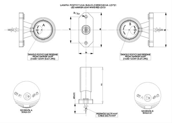 LAMPA LATERALA UNIVERSALA OVALA CU BRAT SCURT, 2 LEDURI, LUMINA ALBA + ROSIE - HORPOL