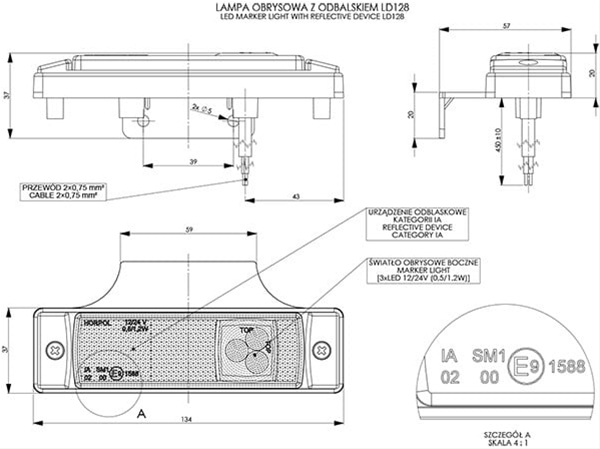 Imagine pentru produsul „LAMPA UNIVERSALA PORTOCALIE, LATERALA, 3 LEDURI, CU REFLECTORIZANT - HORPOL"