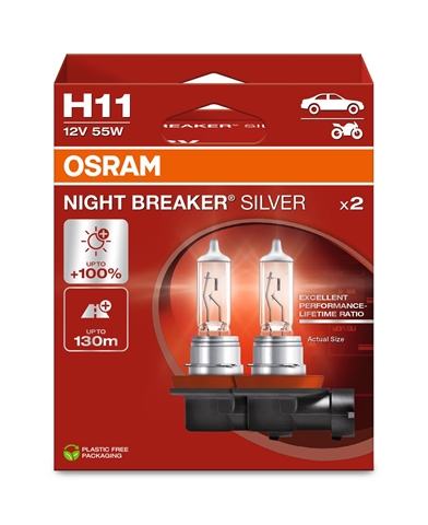SET 2 BECURI H11 12V55W NIGHT BREAKER SILVER 100%